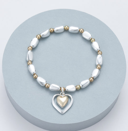 Bracelet Silver and Gold with double heart pendant