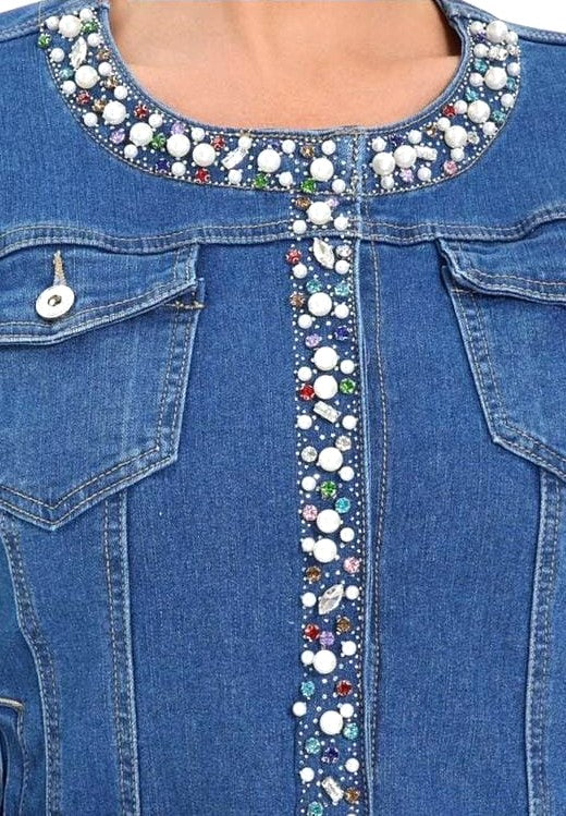Denim Jacket with Pearl and coloured crystal trim