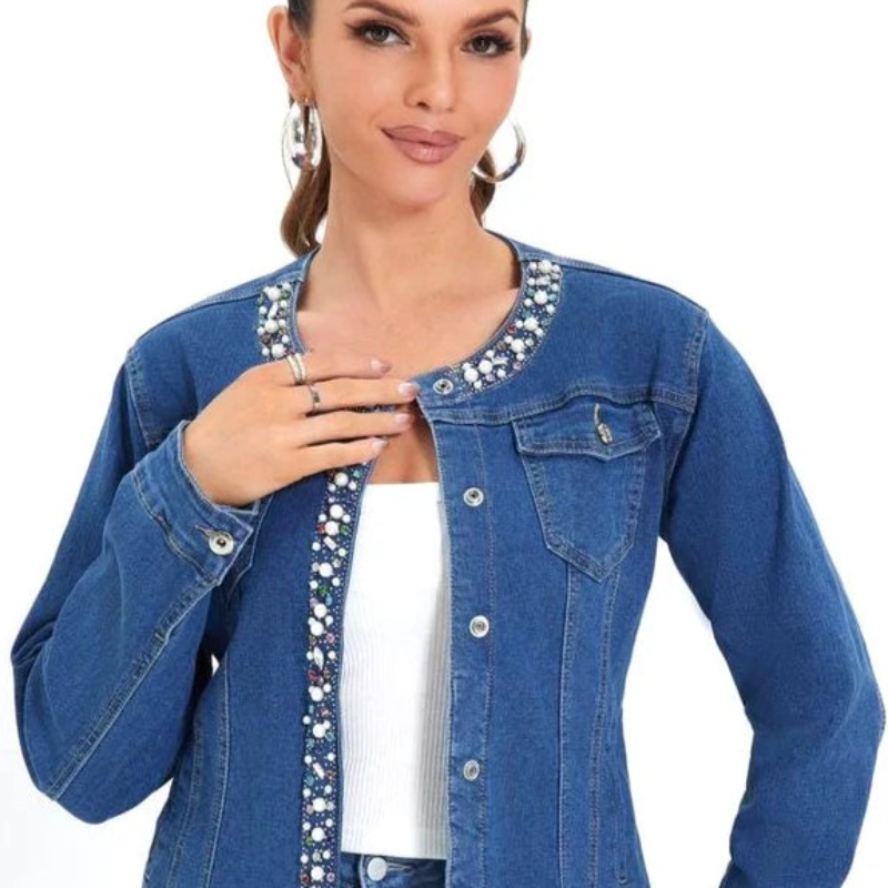 Denim Jacket with Pearl and coloured crystal trim