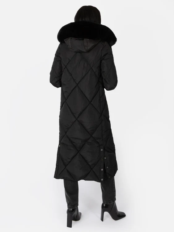Coat Gilet Long Black with Faux Fur Hood