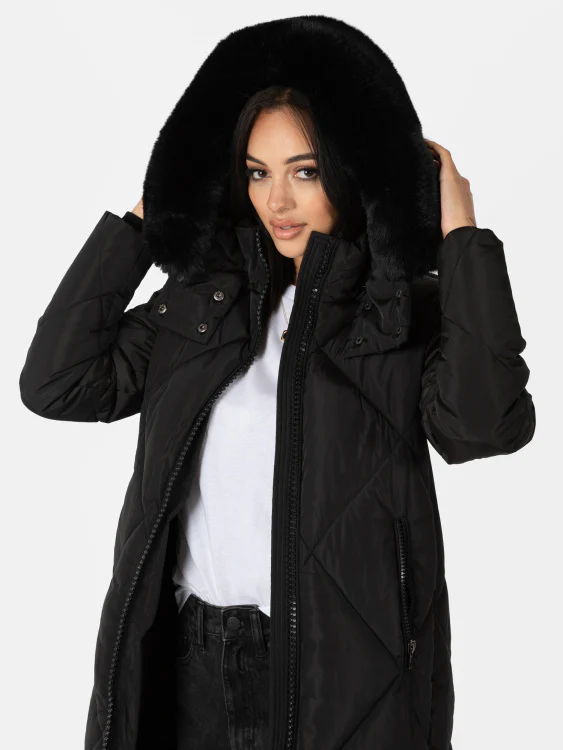 Coat Gilet Long Black with Faux Fur Hood