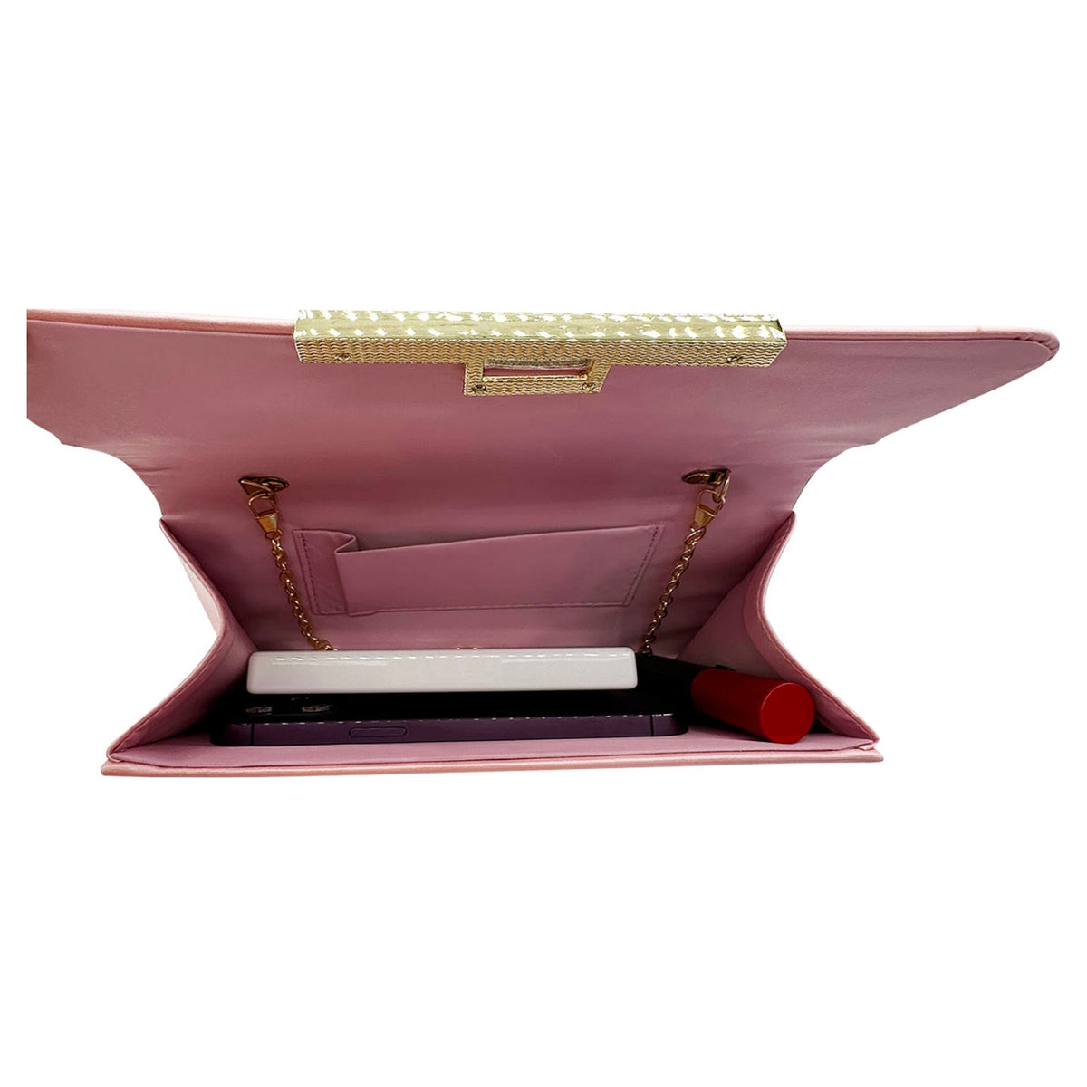 Pink Clutch Bag with gold turn lock fastener